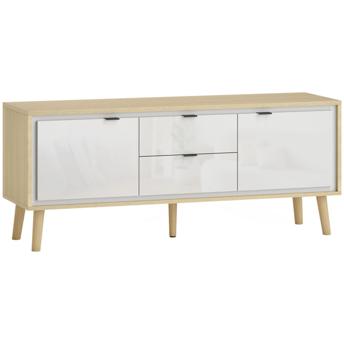 Meuble TV style nordique 2 portes 2 étagères 2 tiroirs façade blanc laqué effet bois clair