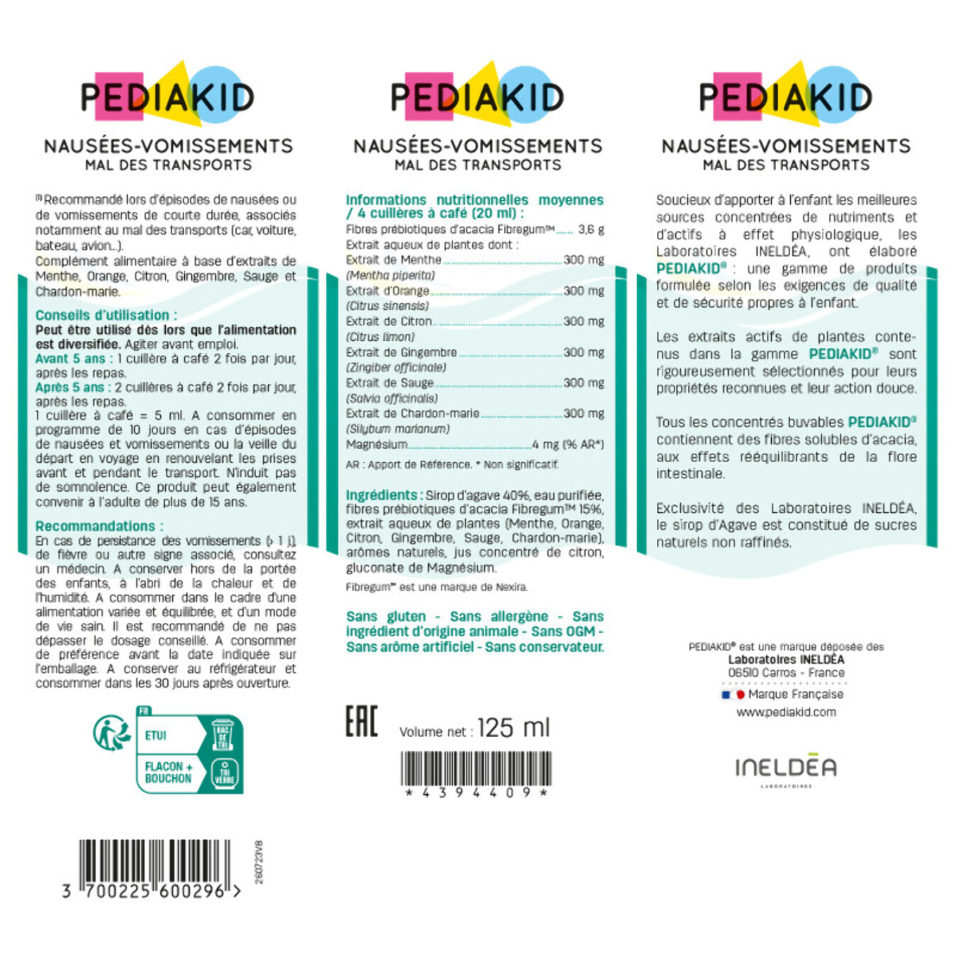 PEDIAKID - Sirop Nausées-vomissements Mal des Transports - Complément alimentaire à base de plantes - Confort digestif - Contre les nausées & vomissements - Goût citron - Flacon 125 ml