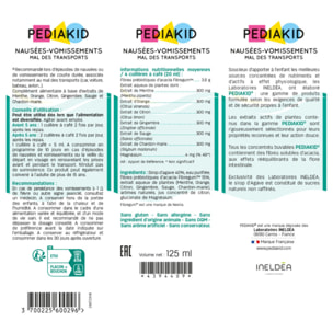 PEDIAKID - Sirop Nausées-vomissements Mal des Transports - Complément alimentaire à base de plantes - Confort digestif - Contre les nausées & vomissements - Goût citron - Flacon 125 ml