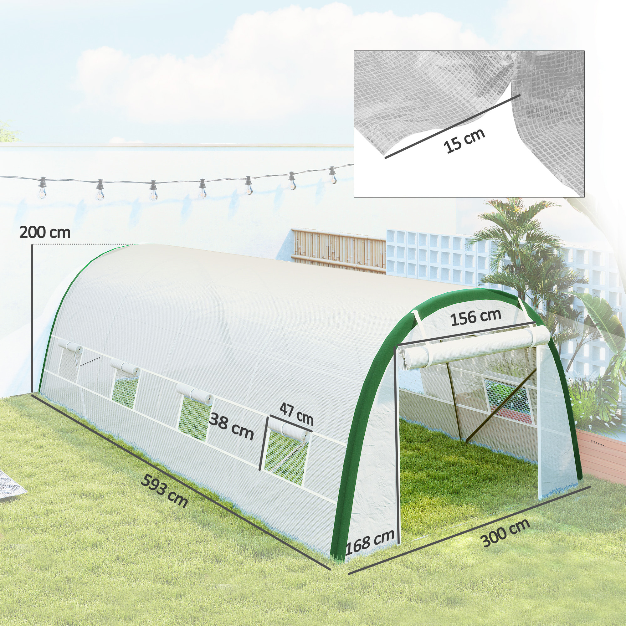 Invernadero de Exterior 6x3x2 m, Invernadero de Túnel con Puerta Enrollable, 8 Ventanas de Malla, Cubierta PE 140g/m², Marco de Acero Galvanizado, Anti-UV, para Cultivos, Plantas, Blanco