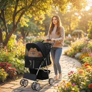 Carrito para Perros Plegable, Cochecito para Perros Pequeños con Cesta de Almacenaje, Ventanas de Malla, Portavasos, Ruedas y Cojín Lavable, Carga 10 kg, 77x44x102 cm, Negro