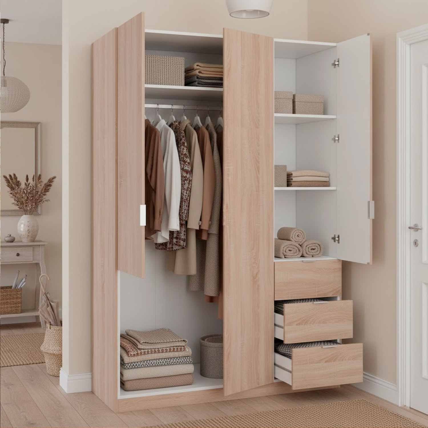 Armadio Guardaroba Vestiti 3 Ante Battenti 4 Ripiani E 3 Cassetti Con Barra Appendiabiti Salvaspazio Design Moderno 200 x 52 x 135 Cm Rovere Canadese