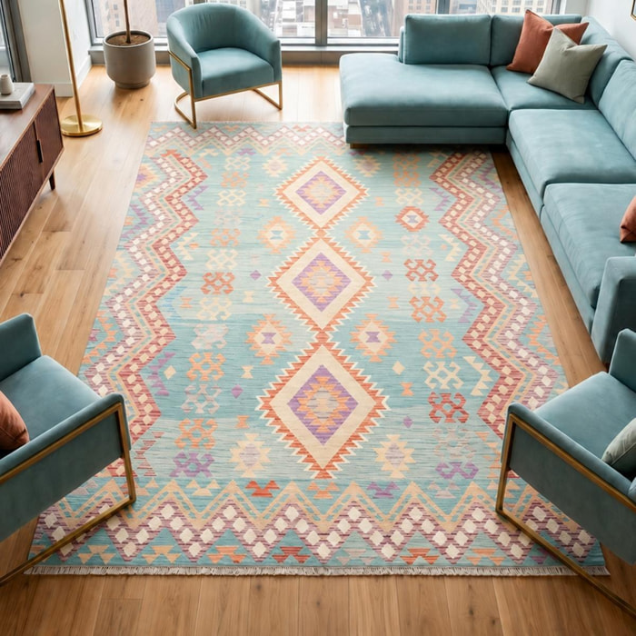 Tapis kilim géométrique, tissé plat authentique, OREGEFI
