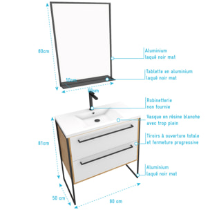Ensemble de salle de bain blanc 80cm+ vasque en resine blanche 80x50 + tiroirs blanc mat + mirroir