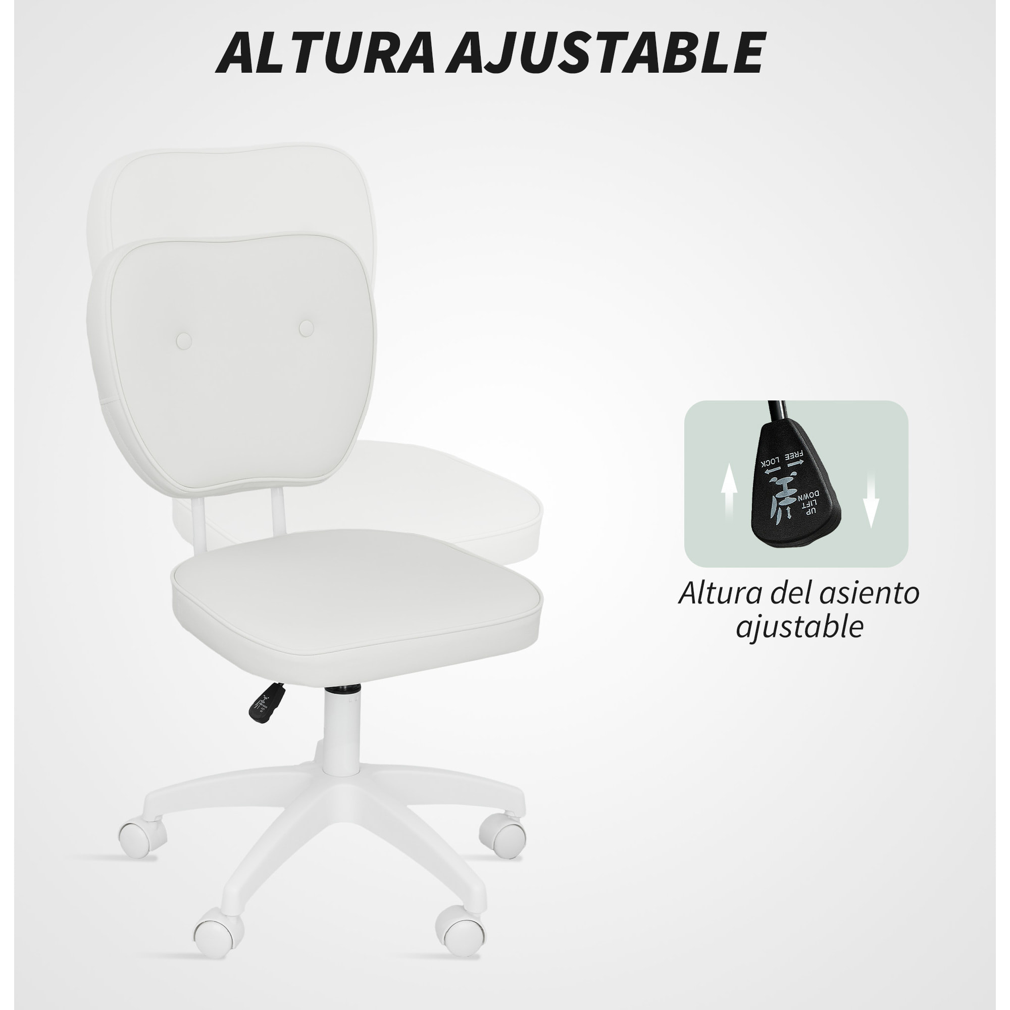 Silla de Escritorio Tapizada en PU Silla de Oficina Giratoria con Altura Ajustable sin Brazos Carga 120 kg para Estudio Dormitorio 46x59x82-92 cm Blanco