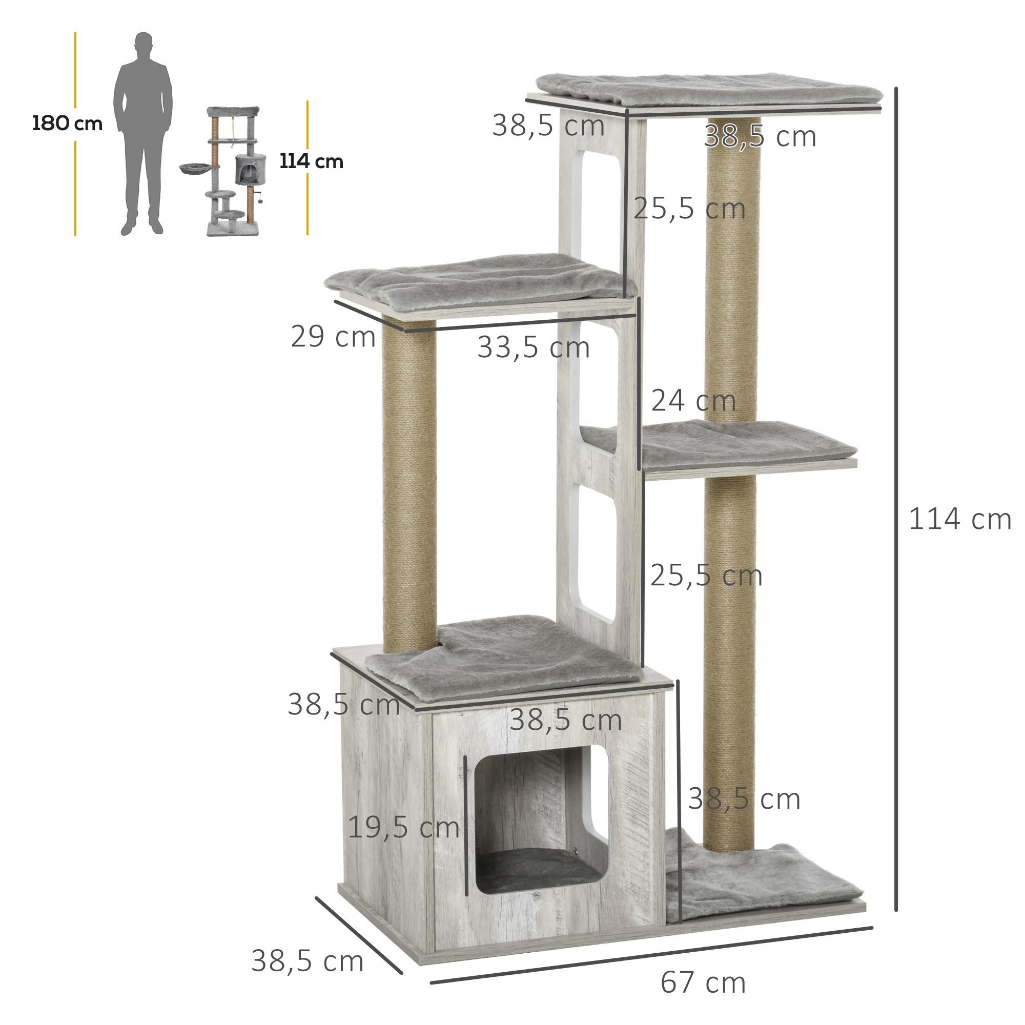 Árbol Rascador para Gatos 67x38,5x114 cm Torre de Escalada de Gatos con Cueva de Madera Múltiples Plataformas y Postes de Rascar de Yute Juego y Descanso Gris