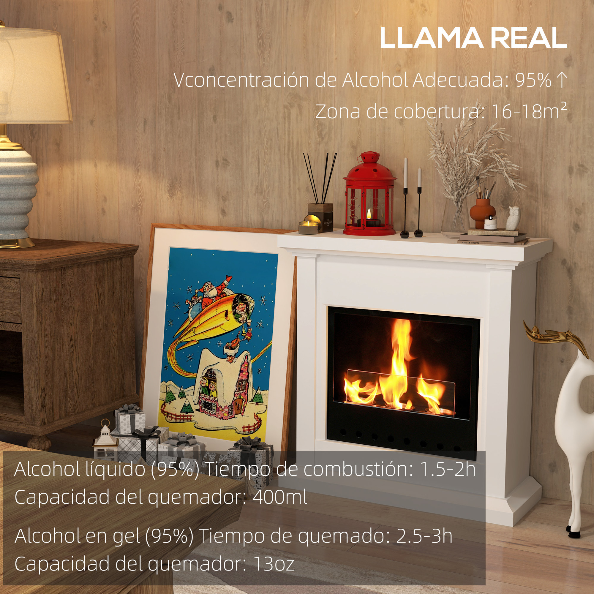 Chimenea de Bioetanol Estufa de Bioetanol de Pie con Tanque de 1,2 L Apagallamas de Acero Inoxidable Tiempo de Combustión 3H para Interiores 16-18 m² 63,5x24x66 cm Blanco