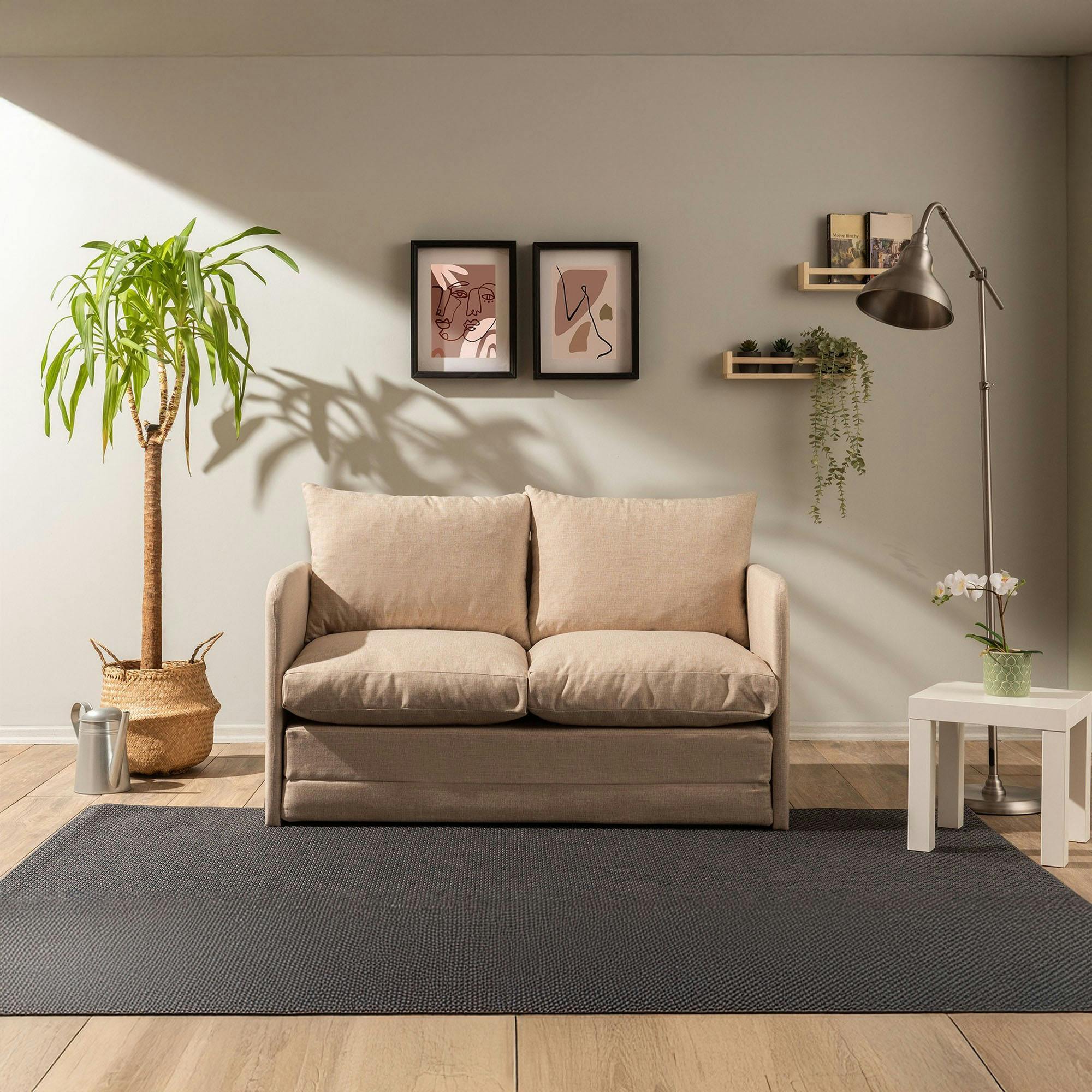 Canapé-lit d'appoint beige 2 personnes, tissu lin ORURO