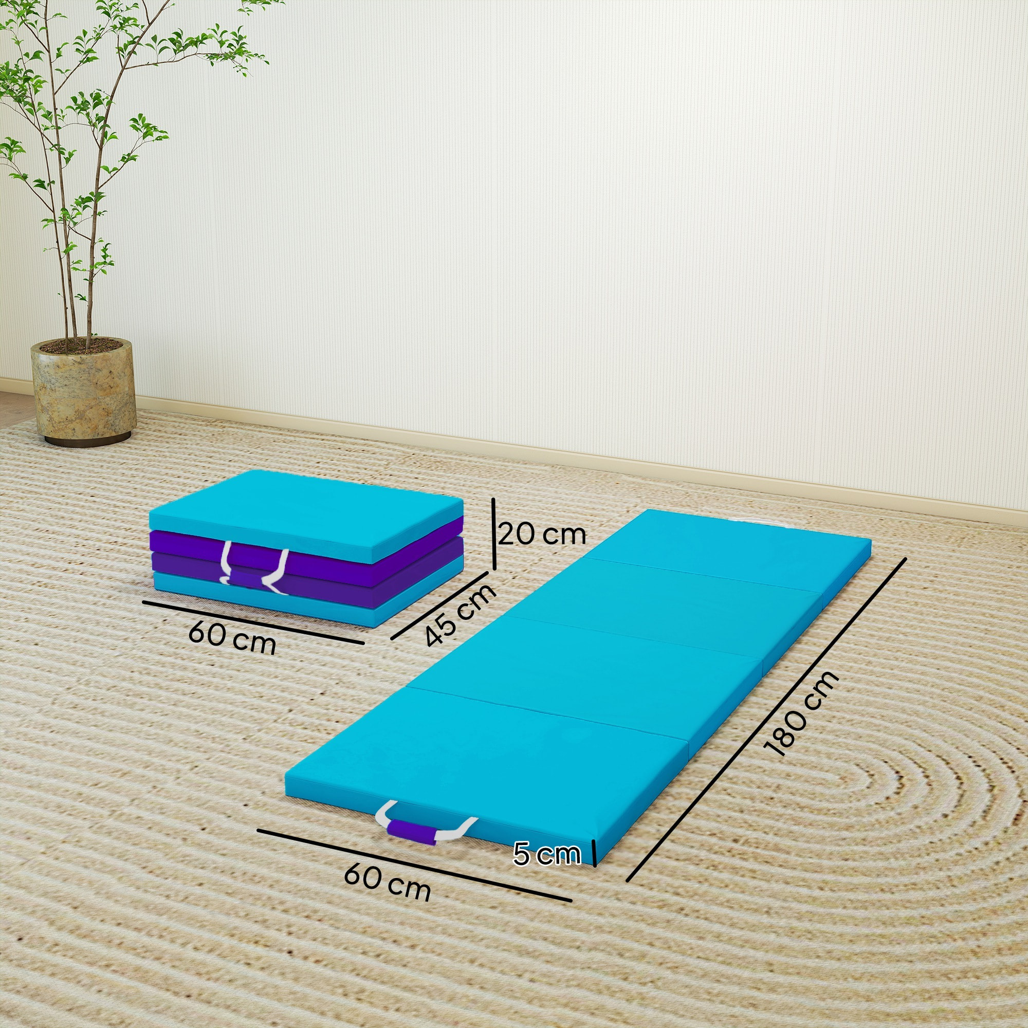 Colchoneta Gimnasia Plegable de Grosor de 5 cm, Tapete de Ejercicio con Asas de Transporte, Bolsa, Esterilla de Gimnasia para Yoga, Aeróbic, Artes Marciales, Azul Claro y Morado Oscuro