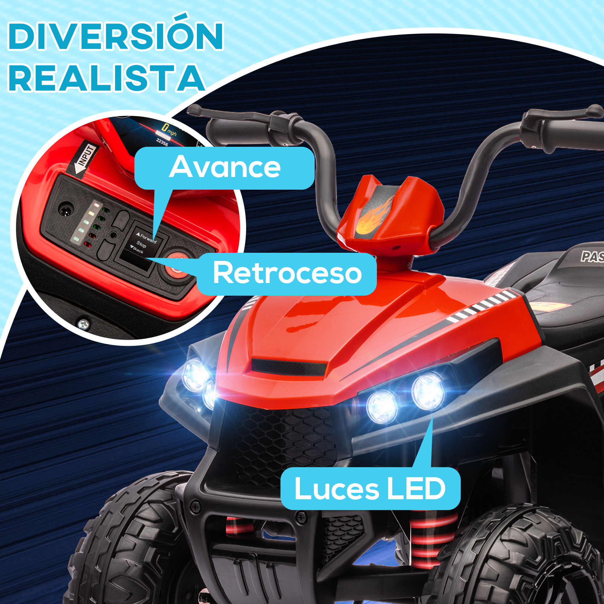 Quad Eléctrico para Niños de +3 Años Coche Eléctrico para Niños con Batería 12V Velocidad 5 km/h Faros Música MP3 Avance y Retroceso Carga 30 kg Rojo