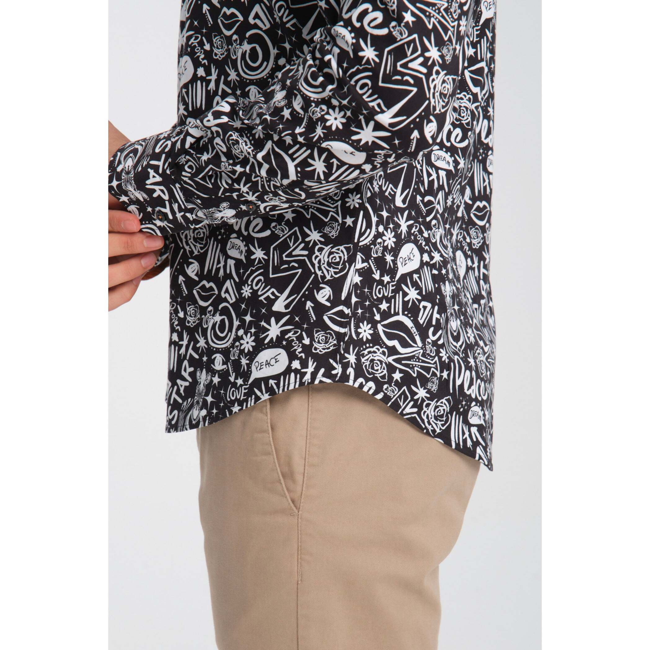 Camicia Uomo 1 Bottoni Button Down Slim Popeline Stretch Stampato Nero/Bianco