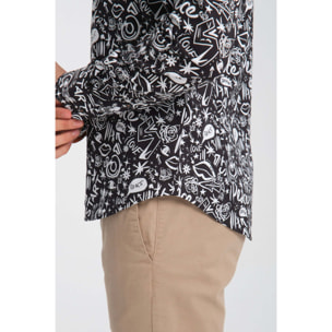 Camicia Uomo 1 Bottoni Button Down Slim Popeline Stretch Stampato Nero/Bianco