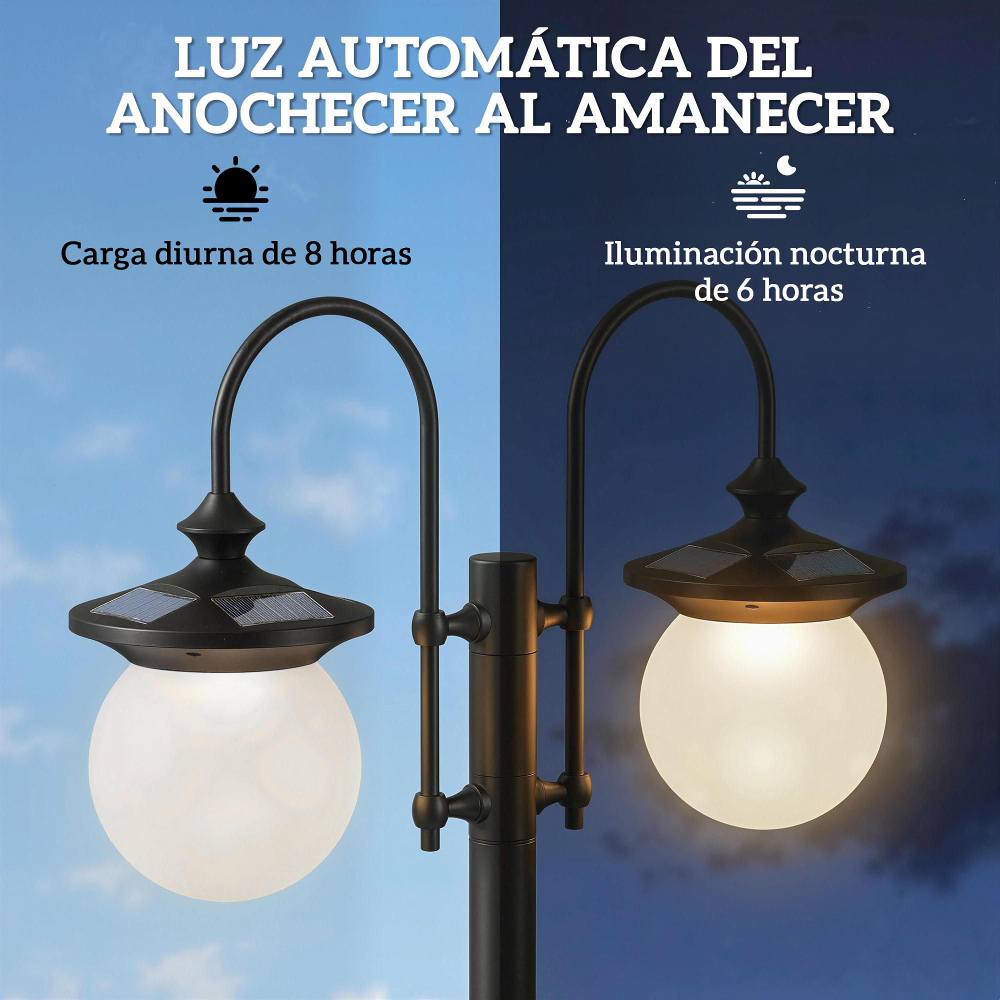 Farola Solar Exterior de Jardín con Macetero 2 Cabezales Impermeable IP44 Encendido/Apagado Automático y Altura Ajustable Luz Solar de Exterior LED para Terraza Patio 53,5x30x182 cm Negro