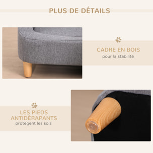 Canapé chien lit pour chien design scandinave déhoussable dim. 75L x 55l x 39H cm pieds bois tissu polyester gris