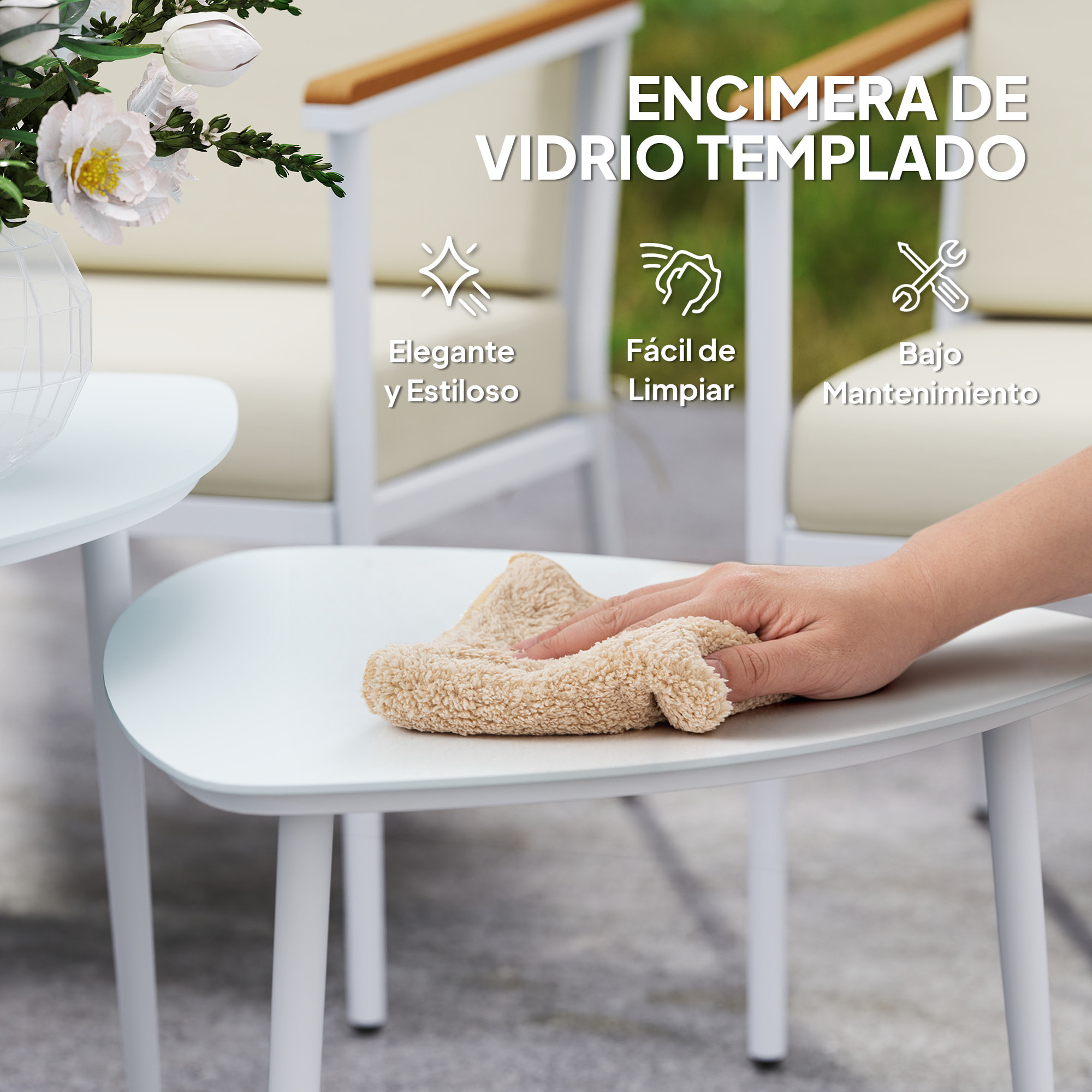 Conjunto de Jardín Exterior 5 Piezas Muebles Jardín Exterior con 1 Sofá de 2 Plazas 2 Sillones y 2 Mesas de Centro con Tablero de Vidrio Templado Cojines Lavables Beige