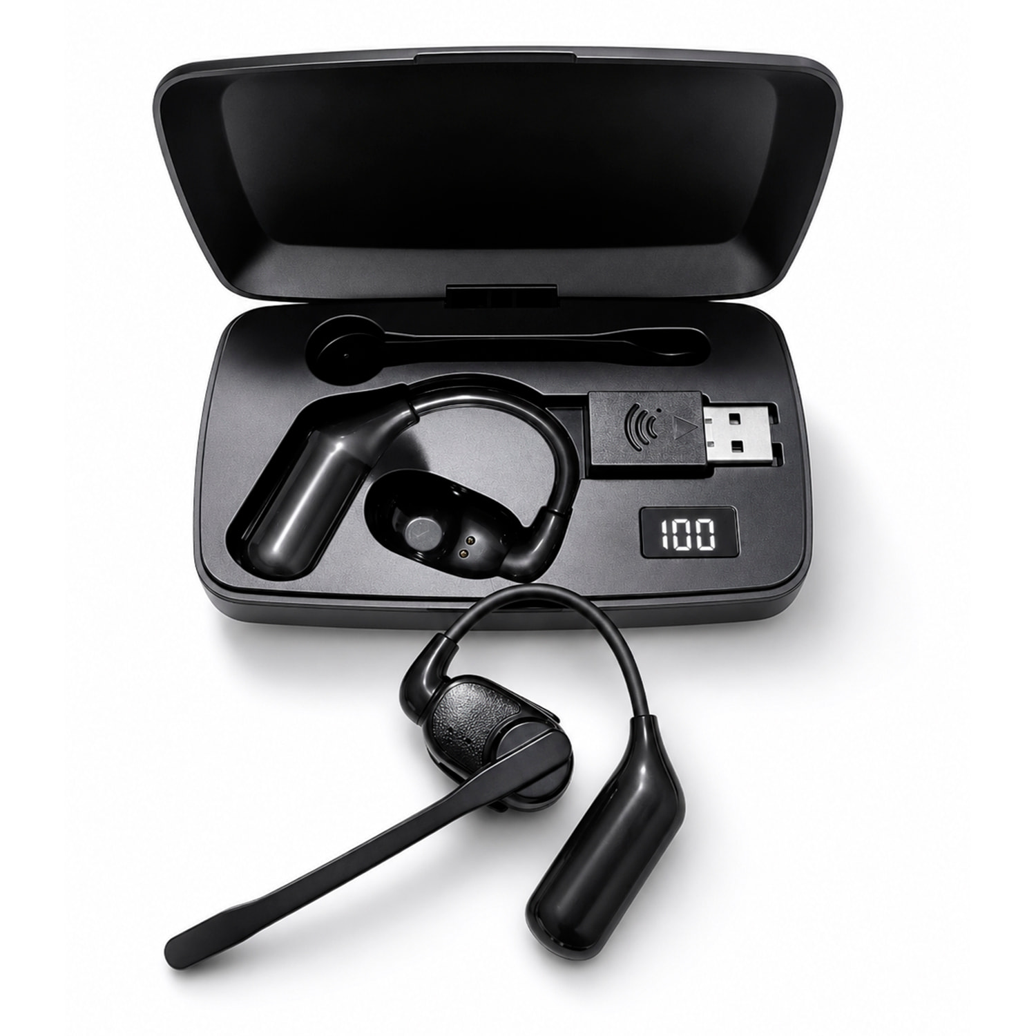 Auricular Bluetooth manos libres V2. Diseño reversible para ambas orejas, micrófono magnético extraíble de 360° y batería larga duración. Con caja de carga y compatible con PC/Tablet.