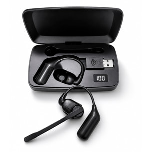 Auricular Bluetooth manos libres V2. Diseño reversible para ambas orejas, micrófono magnético extraíble de 360° y batería larga duración. Con caja de carga y compatible con PC/Tablet.