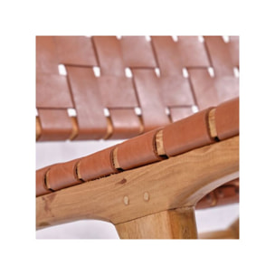 Chaise relax lounge en bois de teck et sangles croisées en cuir - PIOU