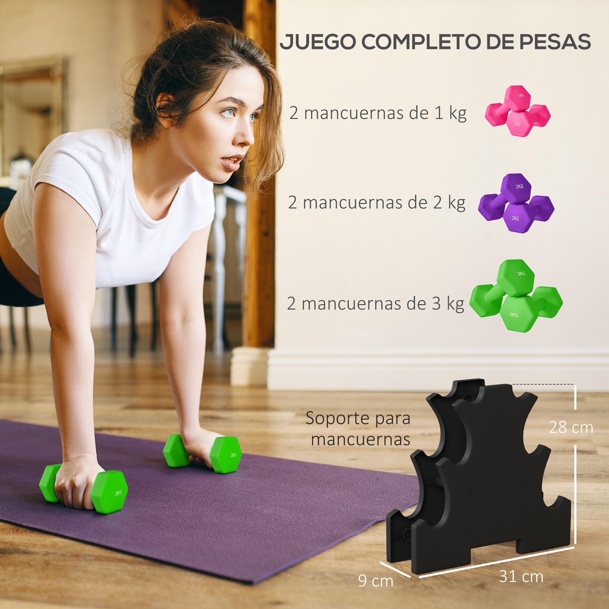 Juego de Mancuernas 2 x1kg 2 x2kg 2 x3kg Set de Mancuernas Hexagonal con Soporte de Almacenamiento para Ejercicio Entrenamiento en Casa Gimnasio Multicolor