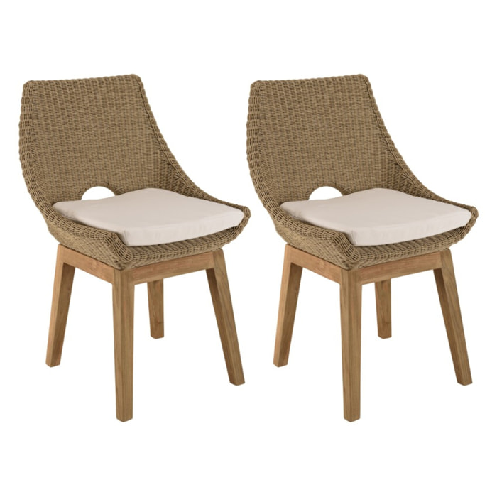 KALLY - Lot de 2 chaises jardin rotin synthétique et coussin, pieds droits