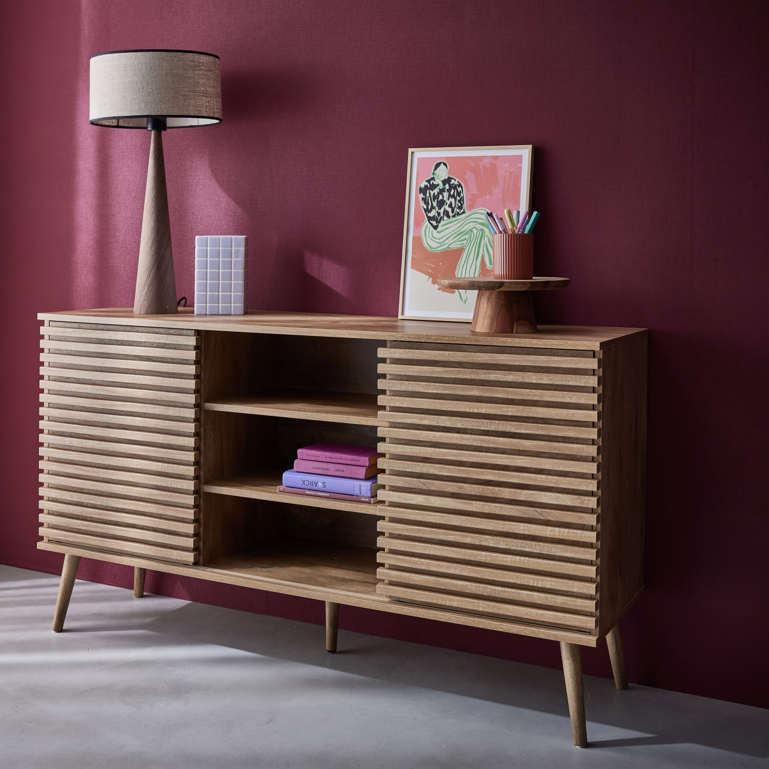 Buffet scandinave décor bois rainuré 2 portes coulissantes 140cm MADERE