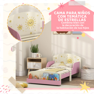 Cama infantil 70x140 cm de Madera con Almacenaje Cama para Niños de +3 Años con Protección Anticaída Cabecero en Dibujos de Estrellas Carga 40 kg para Dormitorio Rosa