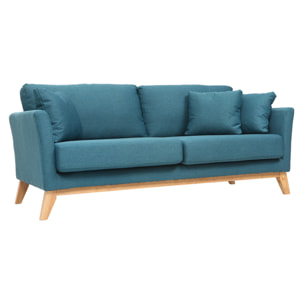 Canapé scandinave déhoussable 3 places en tissu bleu canard et bois clair OSLO
