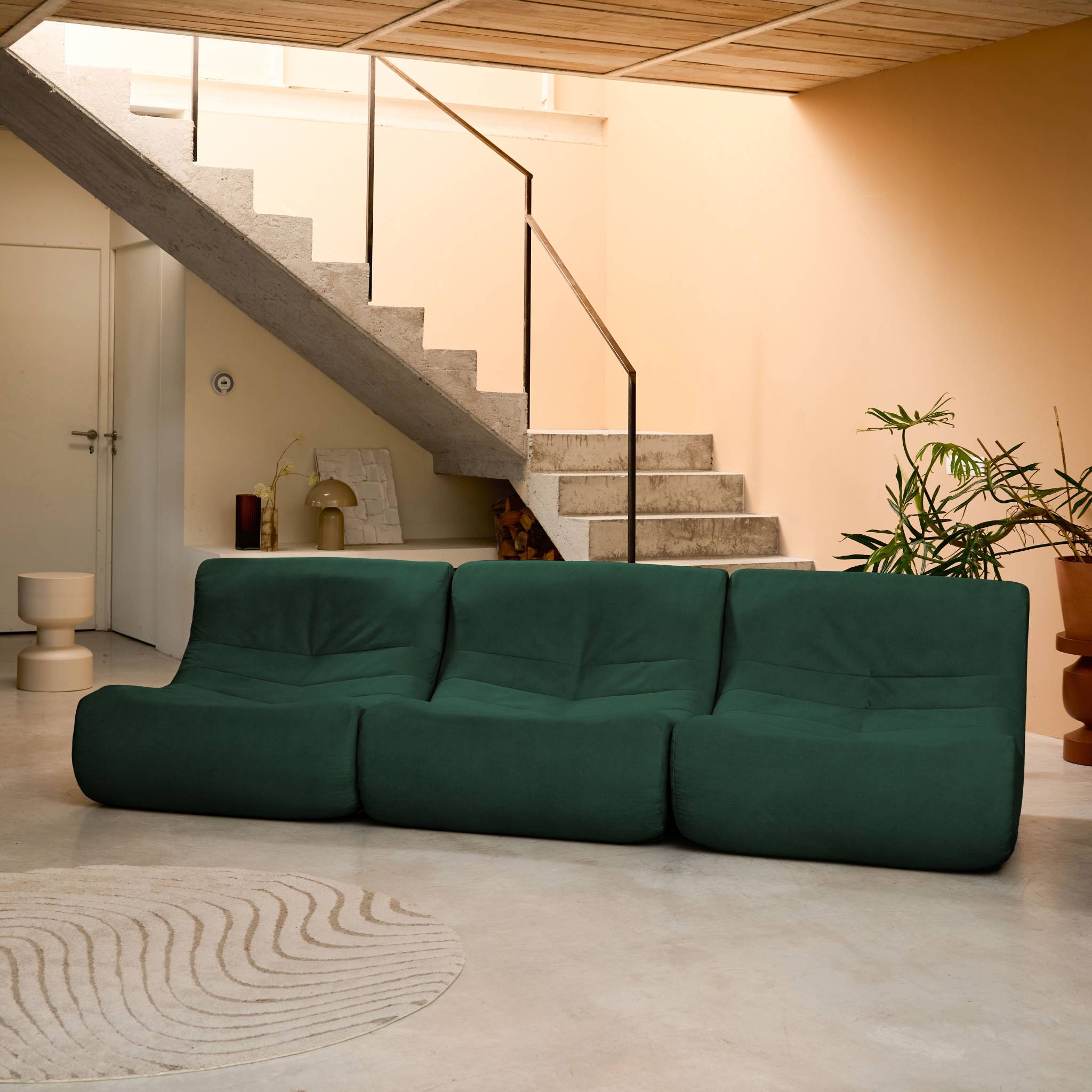 Fauteuil chauffeuse en velours style contemporain 3 places vert