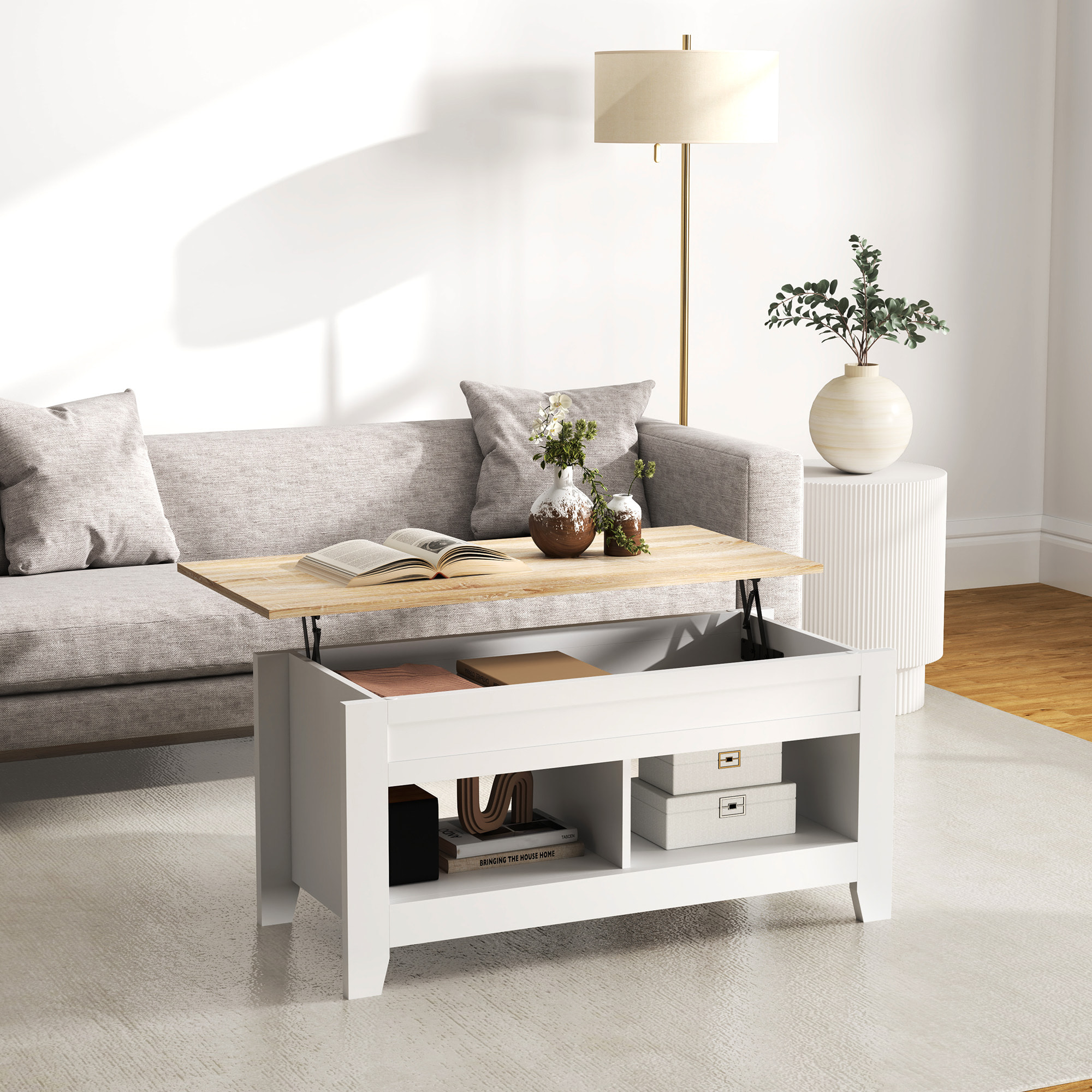 Mesa de Centro Elevable Mesa de Café con Encimera Elevable 2 Compartimentos Abiertos y Espacio Oculto de Almacenaje 105x50x49 cm Blanco y Natural