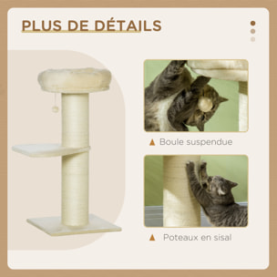 Arbre à chat griffoir sisal naturel 2 plateforme panier observation jeu boule suspendue peluche beige