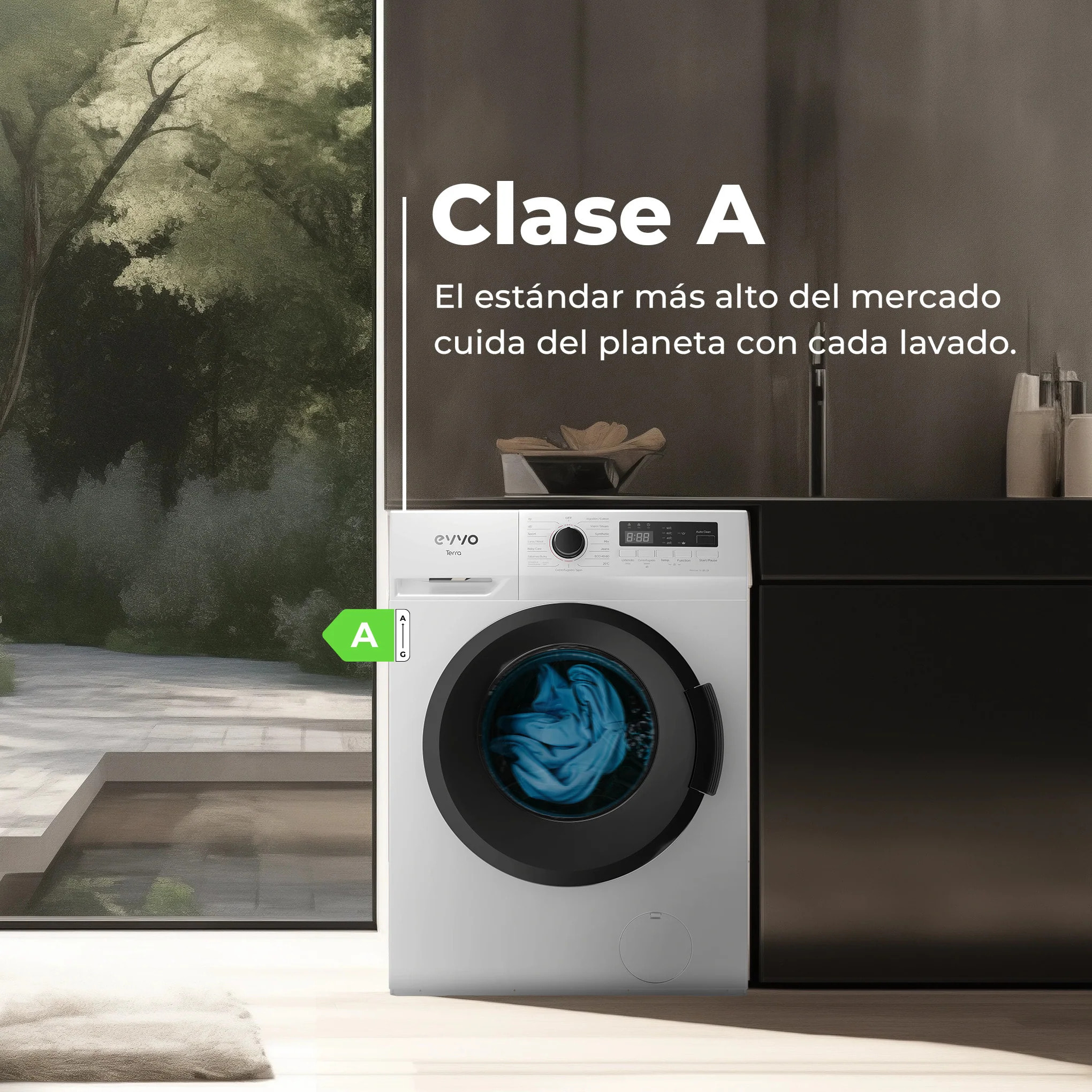 EVVO Lavadora 7 kg carga frontal Terra 7, 1200 rpm, Clase energética A, Motor Inverter, 15 programas, Lavado Rápido 15', Inicio diferido, Blanco