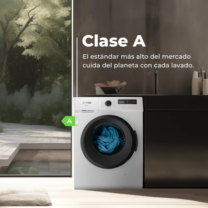 EVVO Lavadora 7 kg carga frontal Terra 7, 1200 rpm, Clase energética A, Motor Inverter, 15 programas, Lavado Rápido 15', Inicio diferido, Blanco