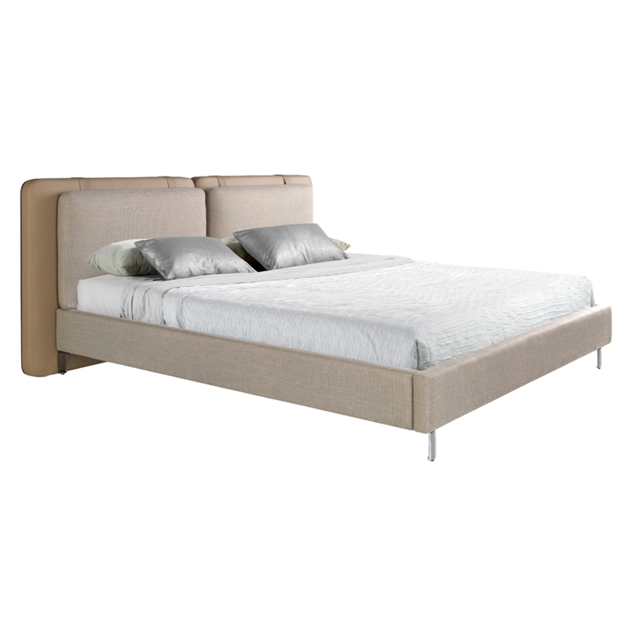 Cama de matrimonio con cabecero en polipiel visón y estructura de tela en gris con patas de acero inoxidable cromado oscuro 217x222x100cm