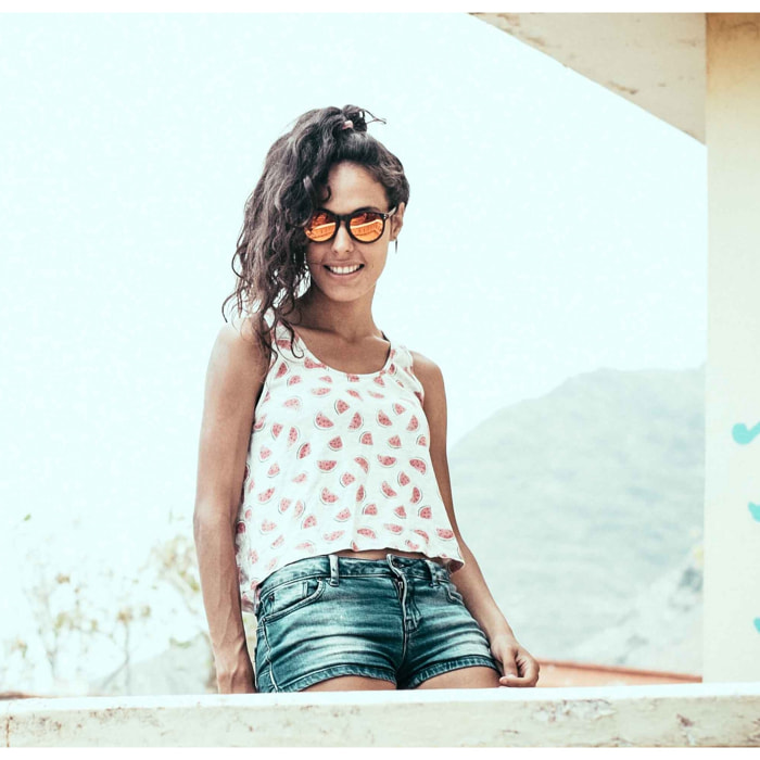Gafas de sol OCEAN LIZARD WOOD - Marrón oscuro mate patilla marrón bambú con montura transparente blanco / Revo azul