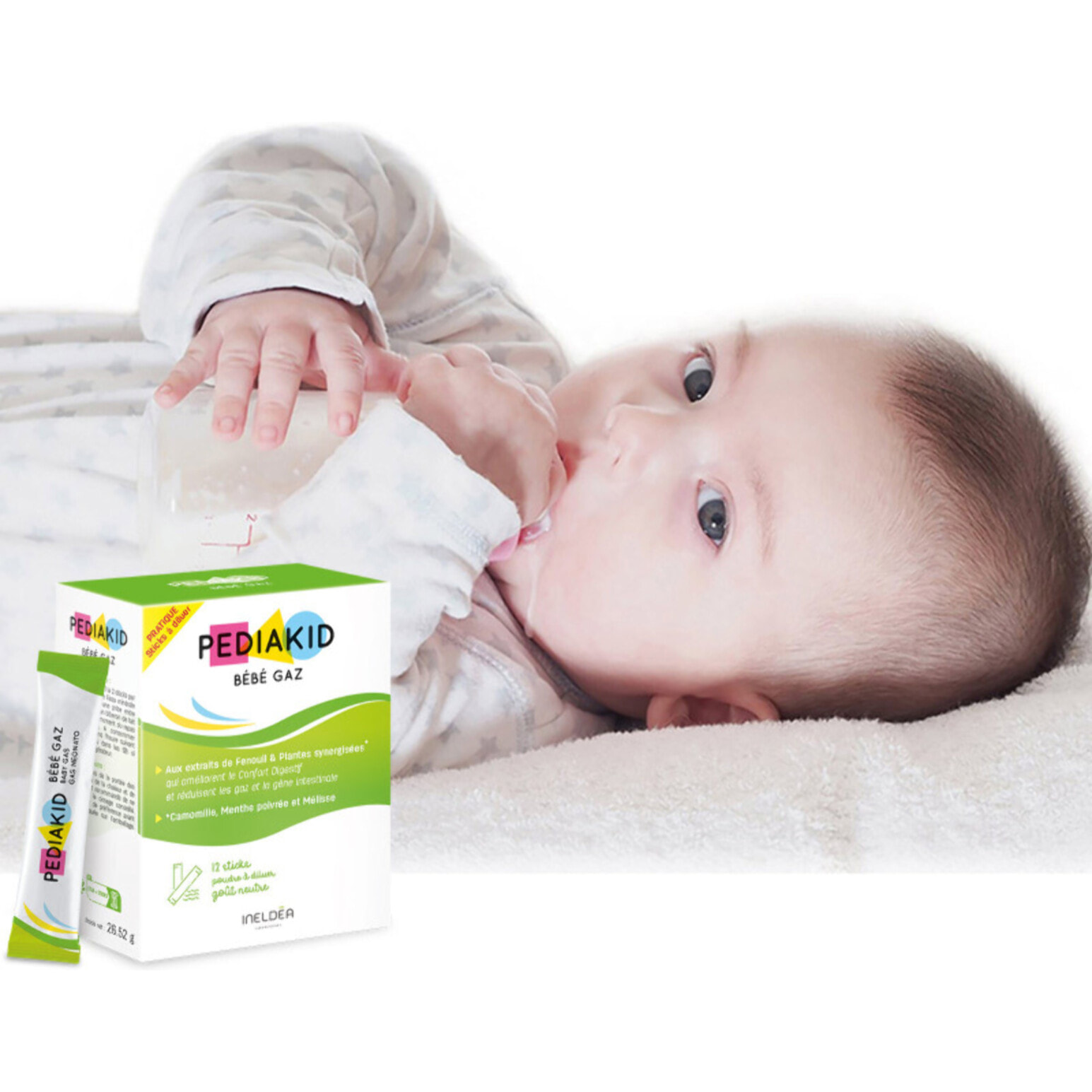 PEDIAKID - Bébé Gaz - Aux extraits de plantes & fibres - Aide à réduire les gaz et à améliorer le confort digestif - Dès la naissance - Format sticks de poudre à diluer facile à utiliser - Lot de 3