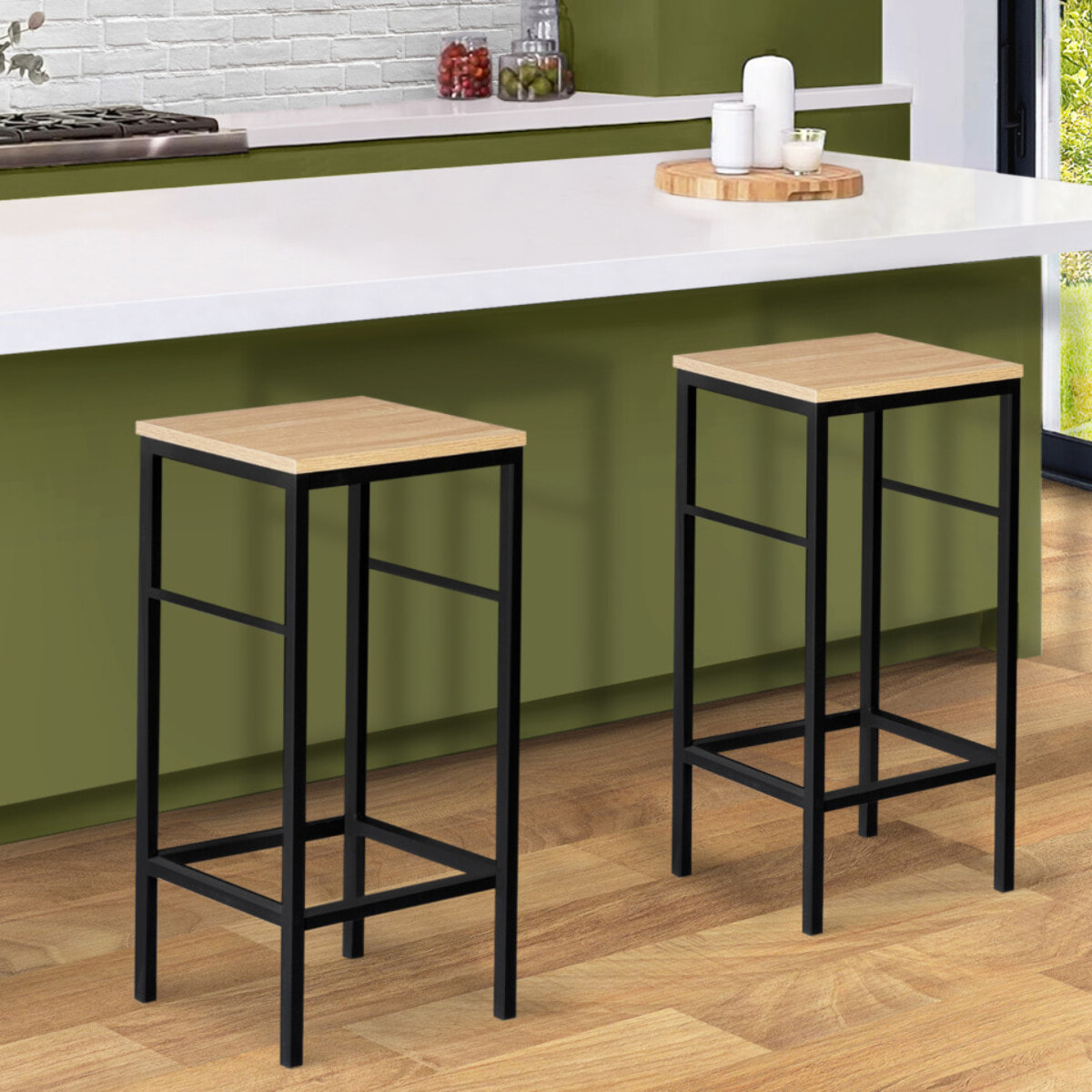 Tabourets de bar Memphis assise en bois et pieds métal