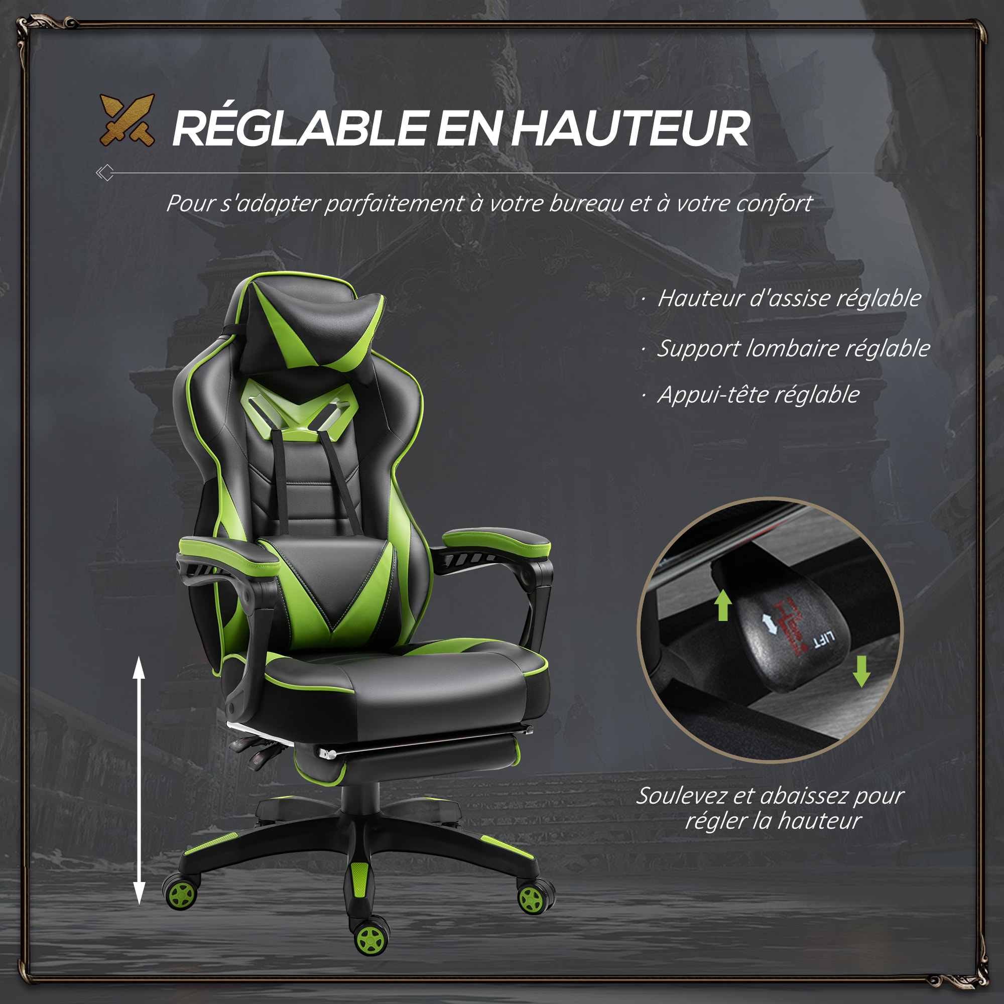 Vinsetto Fauteuil de bureau gamer style baquet racing - pivotant, inclinable - coussin lombaire, tétière, repose-pieds inclus - revêtement synthétique vert noir