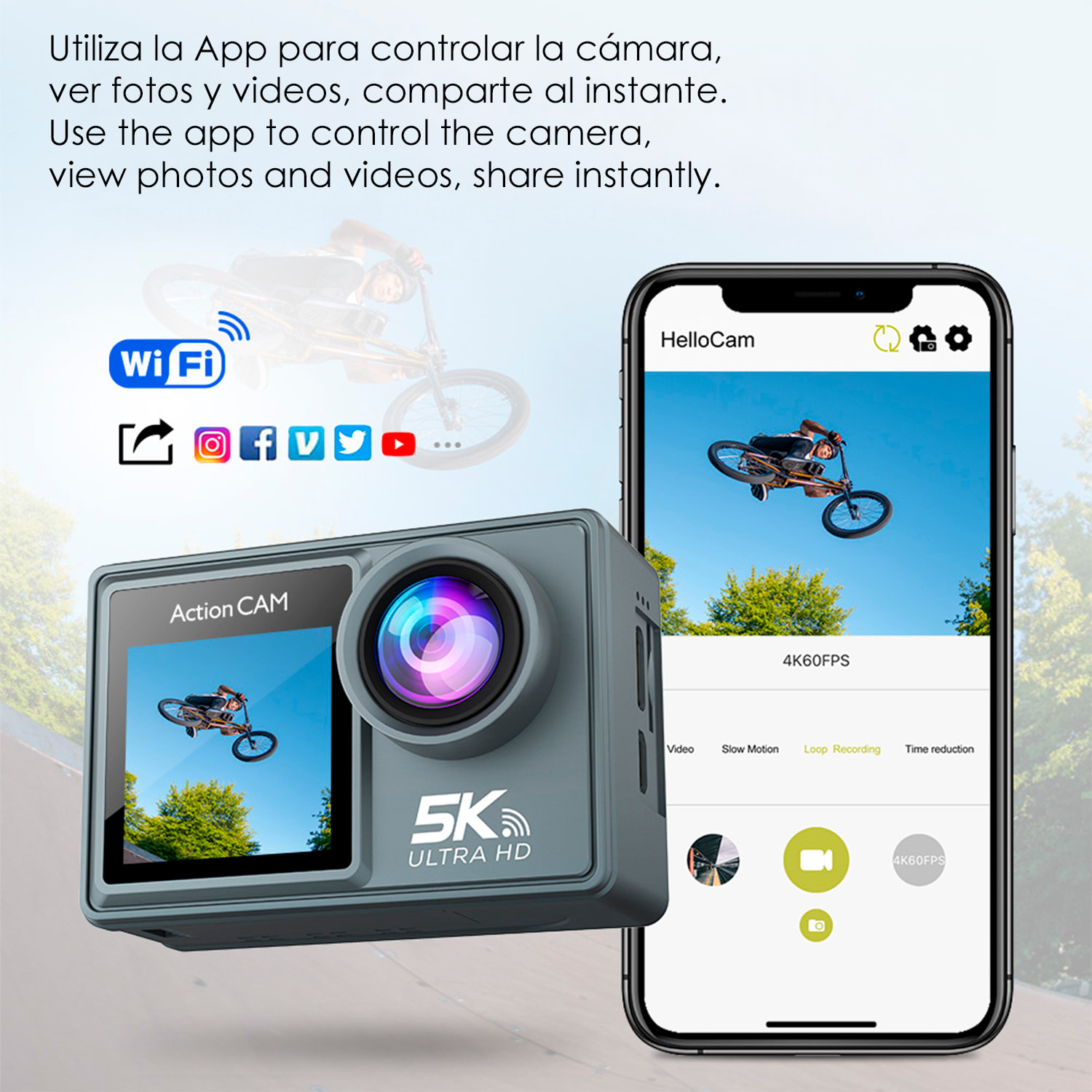 Cámara Deportiva M40R 5k 30fps con 47,5 mpx, doble pantalla de 2" y 1.3", estabilizador de imagen, multitud de accesorios y WIFI.