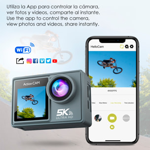 Cámara Deportiva M40R 5k 30fps con 47,5 mpx, doble pantalla de 2" y 1.3", estabilizador de imagen, multitud de accesorios y WIFI.