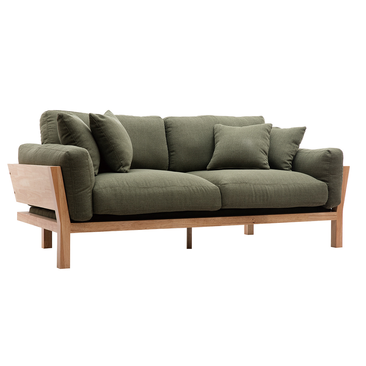 Canapé scandinave déhoussable 3 places en tissu kaki et bois clair KYO