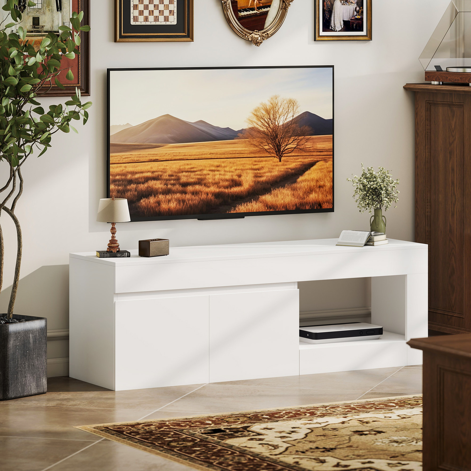 Mueble de TV Moderno, Mesa de TV para Salón con 2 Puertas, Estante Abierto, para Televisión 60 Pulgadas, 140x40x48 cm, Blanco