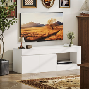 Mueble de TV Moderno, Mesa de TV para Salón con 2 Puertas, Estante Abierto, para Televisión 60 Pulgadas, 140x40x48 cm, Blanco