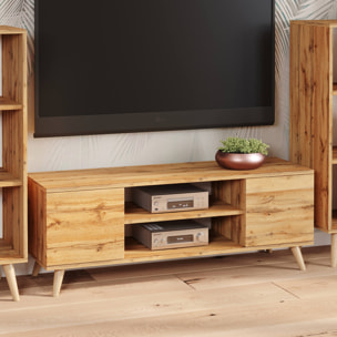 Mobile porta tv con 2 ante e 1 ripiano centrale, Credenza con piedini, Buffet da soggiorno in stile scandi, cm 155x40h50, colore Acero