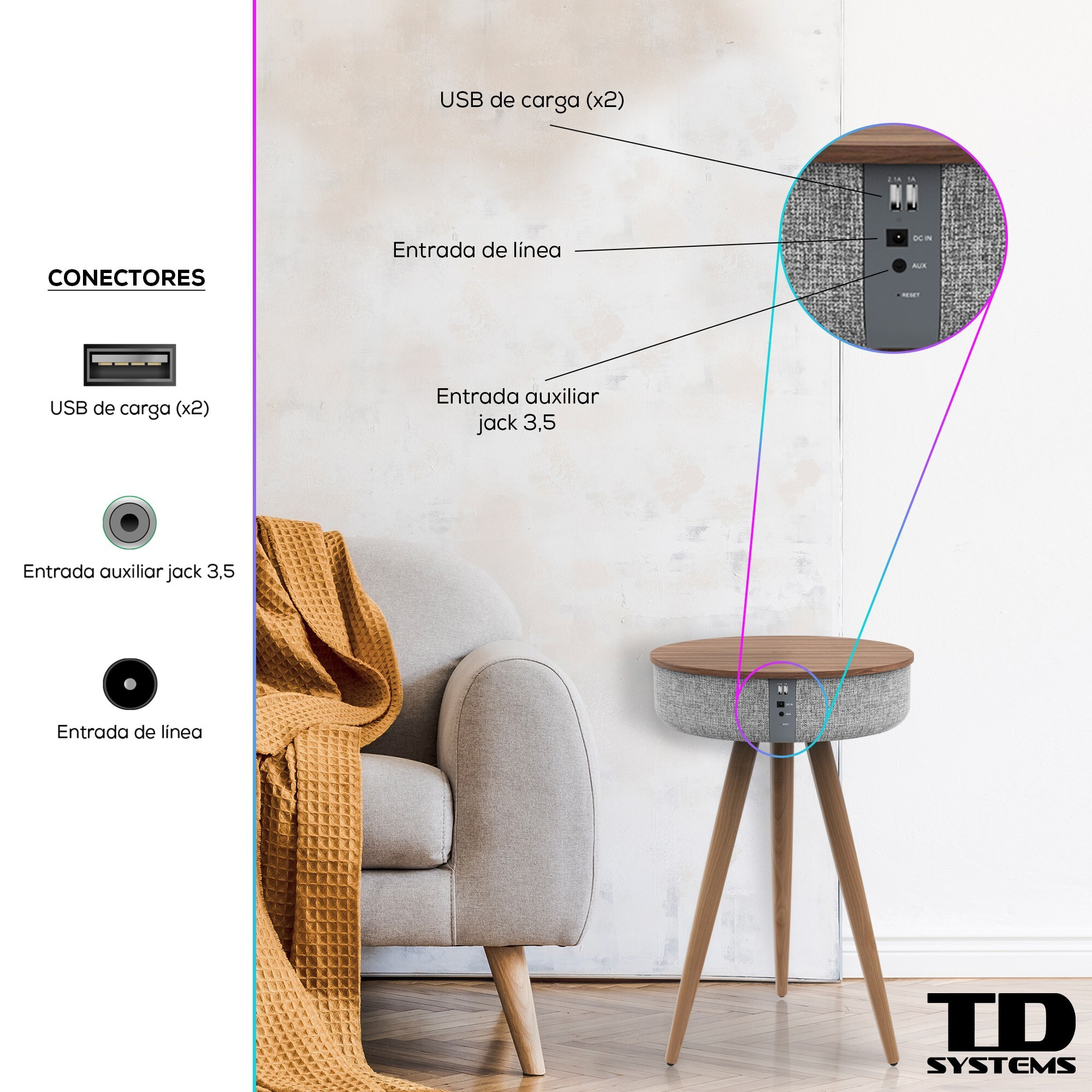 Mesa auxiliar altavoz portátil con sonido de 30W, Bluetooth, base de carga inalámbrica, batería de 2200mAh. Mesilla o mesita para dormitorio o sala de estar - TD Systems SM30B11WC [Madera cerezo]