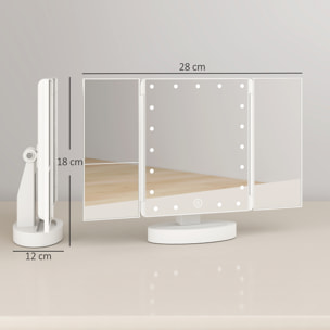 Espejo Maquillaje con Luz, Espejo Tocador Triple, con Aumento 1X/2X/3X, Rotación Libre de 180°, 21 Luces LED, Interruptor Táctil, Fuente de Alimentación Dual, Blanco