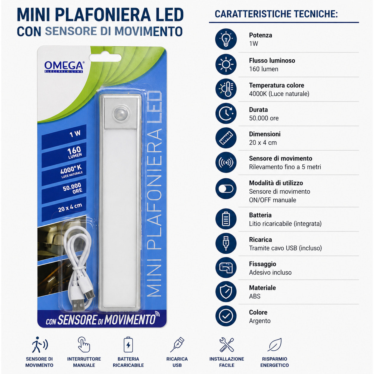 OMEGA Lampada LED per Armadi con Sensore 4000K