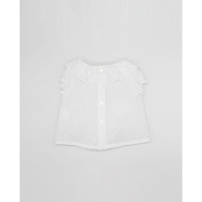 BLUSA PLUMETI MANGA CORTA Y CUELLO TIRA BORDADA