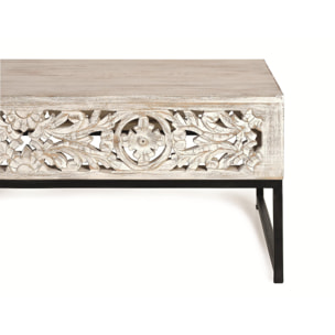 Mesas de Centro de Madera de Mango 110 Cm Estilo Étnico Boho Tallado