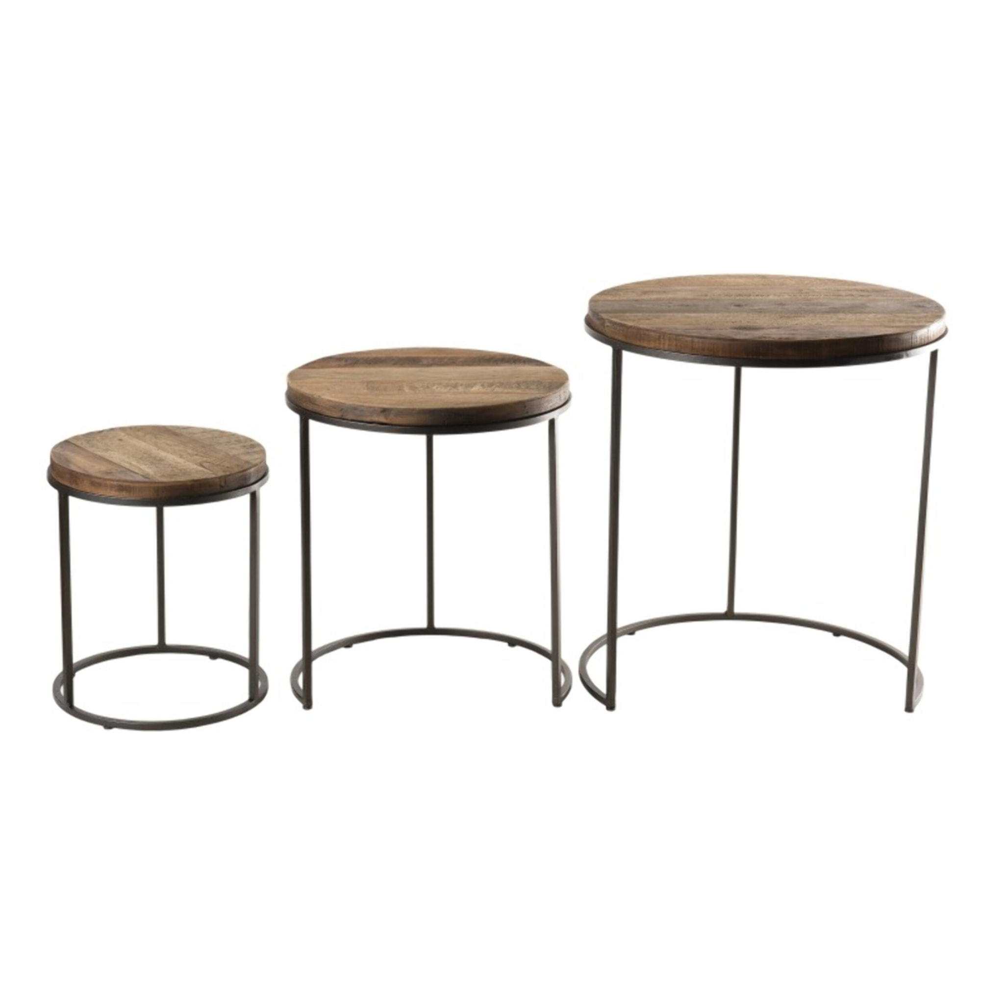 SIXTINE - Set de 3 tables d'appoint rondes marrons Teck recyclé Acacia Mahogany pieds métal noirs
