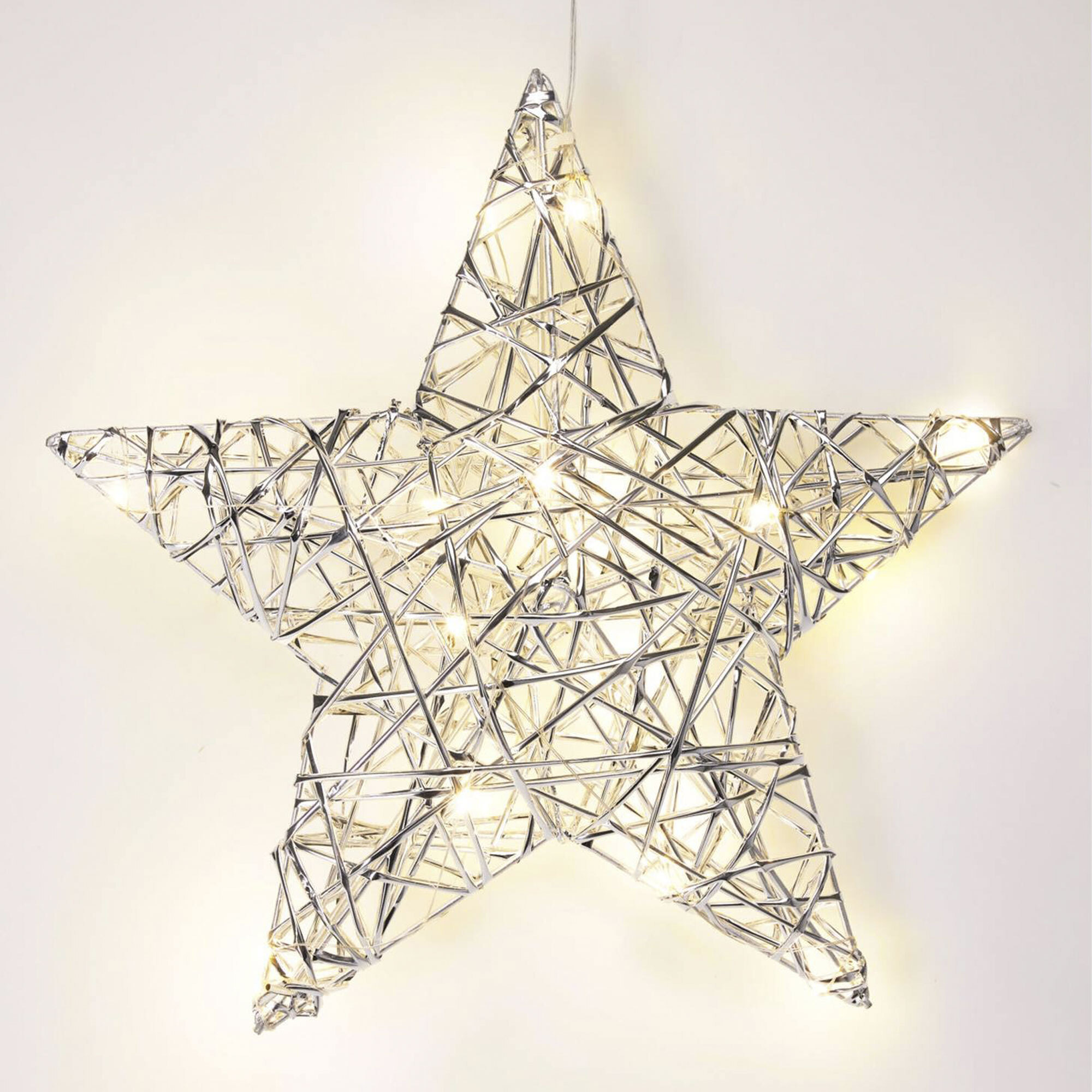 estrella navideña en color plata con 20 luces led blancas cálidas 30x8x30cm